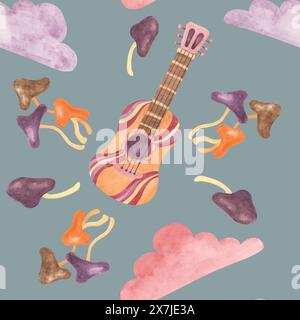 Motivo senza cuciture con chitarra retrò, nastro, nuvole e funghi in acquerello. Clipart vintage in tessuto musicale hippie. Stampa nostalgica disegnata a mano per abbigliamento, carta da parati, confezionamento e rottamazione Foto Stock