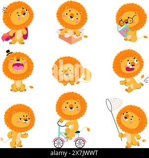 Leoni dei cartoni animati. Leone carino in pose e situazioni diverse. Lettura, corsa e bicicletta degli animali selvatici della savana selvaggia. Animali infantili vettoriali Illustrazione Vettoriale