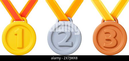 medaglie 3d. Premio sportivo per i vincitori, premi oro argento e bronzo. Medaglia del concorso aziendale, premi per la leadership. Isolato e realistico, rende pigro Illustrazione Vettoriale