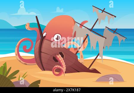 Il polpo ha danneggiato la vecchia nave in legno sull'isola all'aperto con grande fantasia kraken Illustrazione Vettoriale