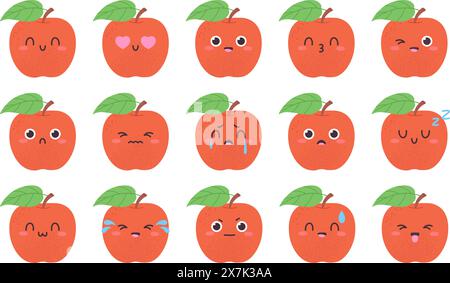Faccia carina di Apple. Mele rosse facce divertenti con emozioni diverse. Felicità, sorpresa, amore e frutta piangente. Mascotte infantile, set di vettori racy Illustrazione Vettoriale