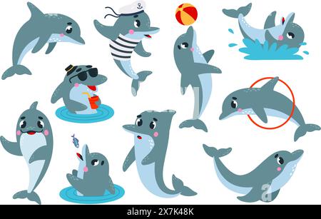 Delfini cartoni animati. Divertente delfino che si esibisce e fa trucchi. Animali sottomarini in pose ed emozioni diverse, personaggi vettoriali di classe Illustrazione Vettoriale