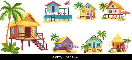 Case sulla spiaggia dei cartoni animati. Shack House sul fronte spiaggia, bungalow tiki bar capanna edificio di campagna cottage nei caraibi o nell'isola tropicale dell'australia, ingegnosa illustrazione vettoriale Illustrazione Vettoriale