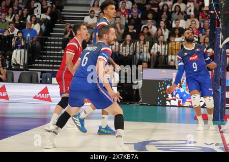 Earvin Ngapeth, Jénia Grebennikov, Benjamin Toniutti, Barthélémy Chinenyeze di Francia durante l'amichevole internazionale di pallavolo tra Francia e Paesi Bassi il 18 maggio 2024 alla Co'Met Arena di Orléans, Francia - foto Laurent Lairys / DPPI Foto Stock