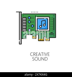 Software audio del computer, icona del contorno colore della scheda PCI. Software di sistema, supporto tecnico per l'utente o test driver hardware PS icona vettoriale lineare o simbolo con l'apparecchiatura audio o la scheda PC Illustrazione Vettoriale