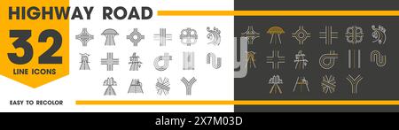 Icone delle linee stradali dell'autostrada, traffico stradale con percorso incrociato e tunnel, simboli vettoriali. Svincolo dei trasporti stradali e svincolo autostradale icone delle corsie stradali e dei cartelli degli incroci Illustrazione Vettoriale