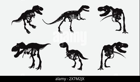 Sagoma dello scheletro di dinosauro Set vettoriale fossilizzato Preistorico ossa di dinosauro illustrazioni di silhouette Illustrazione Vettoriale