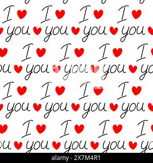 I Love You calligrafia scritta design idea e forma cuori rossi motivo senza cuciture sfondo astratto isolamento EPS Vector Wrapping, carta da parati, imballaggio o cartoline, poster, striscioni, etichetta o web, idea promozionale Illustrazione Vettoriale