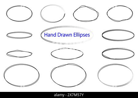 Disegnate a mano varie ellissi disegnano ovali e bolla di elementi grafici. Illustrazione Vettoriale