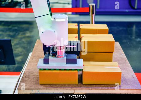 Robot industriale con scatola che aziona una macchina robotizzata a magazzino per il trasporto Foto Stock