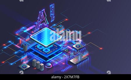 Processore con integrazione ai. Lettere AI su chip. CPU collegata alla scheda madre . Tecnologia di intelligenza artificiale in chip elettronico su scheda pcb. Illustrazione Vettoriale