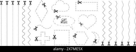 Set di forbici con linee di taglio. Collezione vettoriale di diverse forme geometriche con tratti tratteggiati e forbici che tagliano la carta dai vari Illustrazione Vettoriale