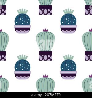 Cactus carini in stile boho. Cactus senza cuciture. Texture boho alla moda. Stampa in tessuto cactus. Tessuto succulento. Design piatto, stile doodle, sfondo bianco Illustrazione Vettoriale