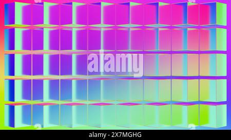 Sfondo cubico olografico iridescente opalescente dell'arcobaleno stilizzato. Futuristica estetica cromatica concetto Y2K Foto Stock