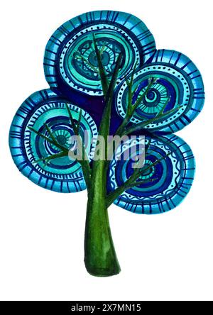 Albero decorativo stilizzato con un ornamento. Diverse sfumature di blu. Bagagliaio diverse sfumature di verde. Cerchi, linee, punti, tratti, zigzag. Isolato su sfondo bianco. Foto Stock