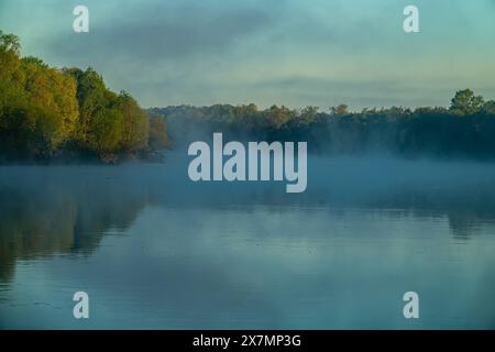 Potamologia. Grande fiume Don nel mezzo. Fiume al mattino con l'apparizione del sole sopra l'orizzonte. Le cime degli alberi della foresta allagata sono dipinte con il primo Foto Stock