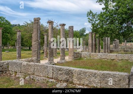 La Gymnasion. Palestra, Antica Olimpia, Olimpia, Peloponneso, Grecia. Foto Stock