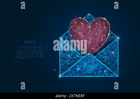 Immagine astratta isolata di una lettera, posta o messaggio con cuore rosso. Le illustrazioni poligonali sembrano stelle nel cielo notturno del pallone in spase o volando Illustrazione Vettoriale