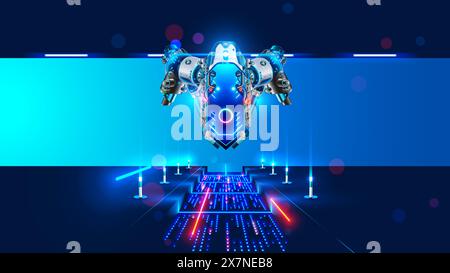 L'astronave atterra sulla base spaziale nello spazio. Un'illustrazione di astronave fantascientifica che si libra sopra la piattaforma di atterraggio. Le luci della pista sono accese al cosmodro Illustrazione Vettoriale