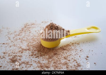 Primo piano del cucchiaio per proteine del siero di latte su sfondo bianco, copia lo spazio Foto Stock