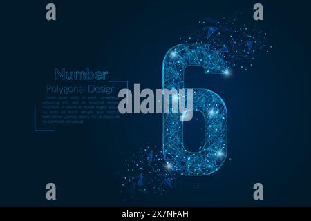 Immagine blu astratta isolata di un numero sei. Le illustrazioni poligonali sembrano stelle nel cielo notturno del pallone in spase o frammenti di vetro volanti. Digitale Illustrazione Vettoriale