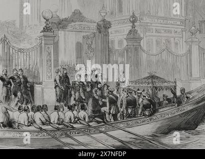 Guerra russo-turca (1877-1878). Costantinopoli. Visita del Granduca Nicola (1831-1891) al Sultano. Ahmed Vefyk Pasha (1823-1891) e Raouf Pasha lo ricevono al Palazzo Dolma Bagtche. Incisione. "La Guerra de Oriente" (la guerra russo-turca). Volume III. 1878. Foto Stock