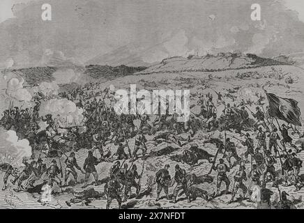 Guerra russo-turca (1877-1878). I turchi cercano di riprendere Great Yagni il 13 ottobre. La fanteria turca assalì il grande Yagni. Incisione di Valnay. "La Guerra de Oriente" (la guerra russo-turca). Volume I. 1877. Foto Stock