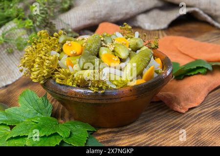 Cetrioli sottaceto, marinare in vasetti, cetrioli in un recipiente, set di cetrioli sottaceto Foto Stock