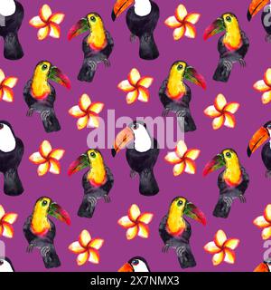 Motivo senza cuciture di acquerello iperrealistico della natura dei tropici dell'Asia - toucan in bianco e nero e fiori di plumeria su sfondo dahlia Foto Stock