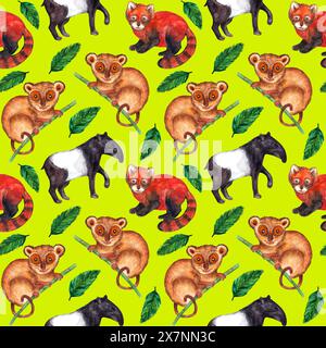 Motivo ad acquerello senza cuciture natura iperrealistica dei tropici dell'Asia - tapir, tarsier, panda rosso e foglie di palma su sfondo giallo limone Foto Stock