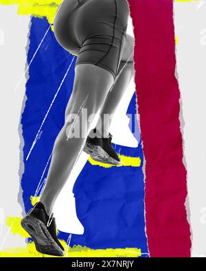 Immagine ritagliata del corpo atletico femminile sportivo, gambe, runner in movimento, allenamento su sfondo astratto. Collage d'arte contemporanea. Foto Stock