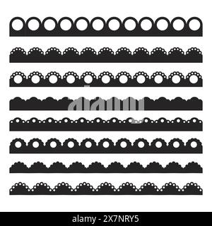 Bordo smerlato divisorio a righe sagomate nere, collezione di nastri isolata su sfondo bianco. Ornamento tradizionale semplice con cerchi e nastro ricamato. Illustrazione vettoriale Illustrazione Vettoriale