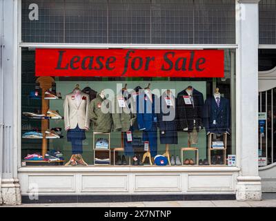 Insegna leasing for sale nella vetrina di un negozio di sartoria di Londra. Foto Stock