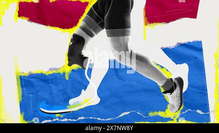 Immagine ritagliata di gambe maschili con una gamba protesica. Corridore maschile che partecipa alla formazione. Collage d'arte contemporanea. Foto Stock
