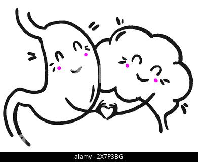 Illustrazione vettoriale in stile doodle di uno stomaco sorridente e un cervello allegro che formano un cuore con un gesto mano-cuore. Design semplice in bianco e nero, disegnato a mano Illustrazione Vettoriale