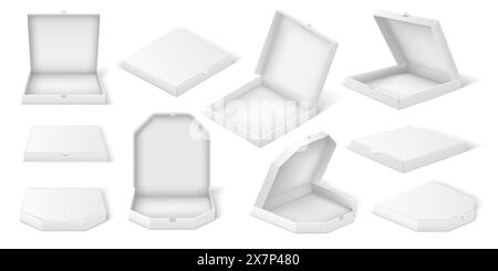 Mockup pizza box realistico set di illustrazioni vettoriali. Prodotti da asporto per ristoranti fast food che confezionano oggetti 3d su sfondo bianco Illustrazione Vettoriale