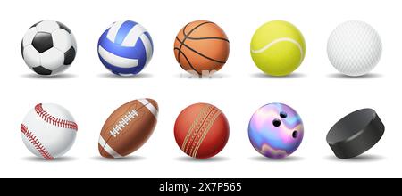 Palle per vari giochi sportivi realistico set di illustrazioni vettoriali. Inventario degli oggetti 3d sportivi su sfondo bianco Illustrazione Vettoriale