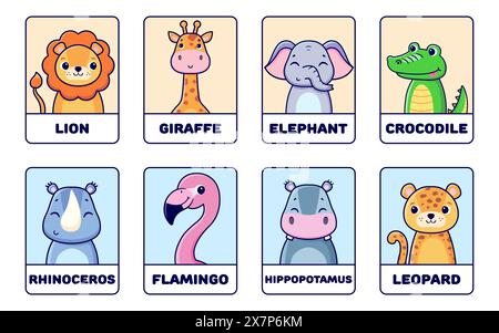 Tessere educative con animali africani. Queste carte sono perfette per giochi didattici, lezioni di biologia, attività di arricchimento e libri per bambini Illustrazione Vettoriale