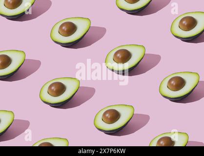 Motivo alla moda di frutta fatto di avocado su sfondo rosa pastello chiaro. Layout minimo. Concetto estivo di natura. Foto Stock