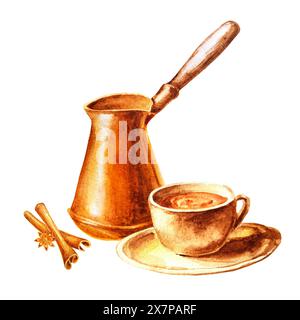 Crea tutto per una pausa caffè. Illustrazione disegnata a mano con acquerello. Isolare su sfondo bianco. Utensili da caffè familiari per un design luminoso Foto Stock