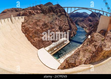 Panorama sferico della diga di Hoover e del ponte di bypass sul fiume Colorado Foto Stock