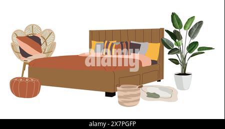 Interni della camera da letto con mobili eleganti e confortevoli Illustrazione Vettoriale