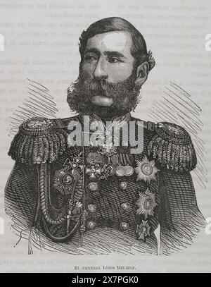 Mikhail Loris-Melikov (Mikhail Tarielovich Loris-Melikov) (1824-1888). Politico e ufficiale militare russo di origine armena. Cavalleria generale e Ministro degli interni (1880-1881). Verticale. Incisione. "La Guerra de Oriente" (la guerra russo-turca). Volume II 1877. Foto Stock