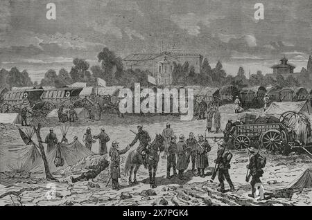 Guerra russo-turca (1877-1878). Il 24 aprile 1877 la Russia dichiarò guerra all'Impero ottomano e le sue truppe attraversarono il territorio rumeno. Flotta di bagagli russi a Baniasa. Incisione. "La Guerra de Oriente" (la guerra russo-turca). Volume II 1877. Foto Stock