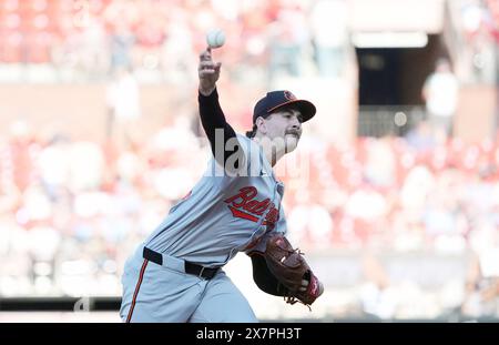 St. Louis, Stati Uniti. 20 maggio 2024. Il lanciatore titolare dei Baltimore Orioles Dean Kremer consegna un campo ai St. Louis Cardinals nel primo inning al Busch Stadium di St. Louis lunedì 20 maggio 2024. Foto di Bill Greenblatt/UPI credito: UPI/Alamy Live News Foto Stock