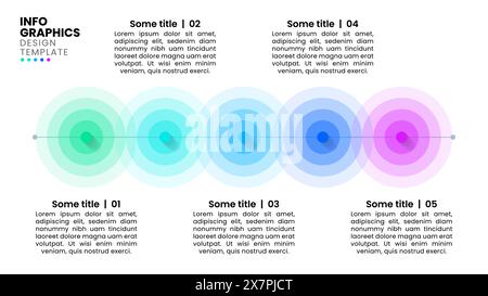 Modello infografico con 5 opzioni o passaggi. Cerchi brillanti. Può essere utilizzato per layout del flusso di lavoro, diagrammi, banner, webdesign. Illustrazione vettoriale Illustrazione Vettoriale