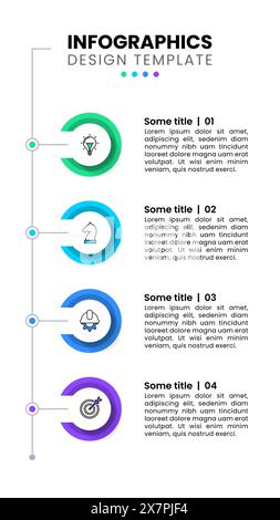 Modello infografico con icone e 4 opzioni o passaggi. Linea verticale. Può essere utilizzato per il layout del flusso di lavoro, il diagramma, il banner, il webdesign. Rapporto di illustrazione del vettore Illustrazione Vettoriale