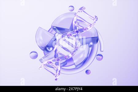 DNA biologico con sfondo in vetro viola, rendering 3d. Illustrazione 3D. Foto Stock