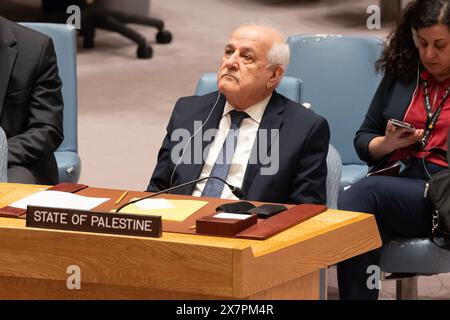 New York, Stati Uniti. 20 maggio 2024. L'osservatore permanente Riyad Mansour dello Stato di Palestina partecipa alla riunione del Consiglio di sicurezza sulla situazione a Rafah presso la sede delle Nazioni Unite a New York il 20 maggio 2024. (Foto di Lev Radin/Sipa USA) credito: SIPA USA/Alamy Live News Foto Stock