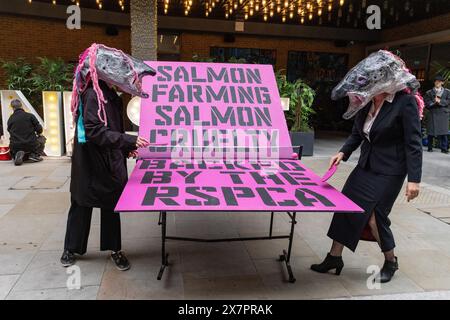 Londra, Regno Unito. 21 maggio 2024. Due attivisti ambientalisti della ribellione oceanica che indossano teste di salmone organizzano una partita di "pong rosa" fuori dal Blue Food Innovation Summit all'Hilton Hotel Bankside in segno di protesta contro l'allevamento di salmoni. Il gioco del "pong rosa" aveva lo scopo di evidenziare sia la crudeltà dell'industria agricola scozzese del salmone, compreso l'aumento dei tassi di mortalità, sia il coinvolgimento dell'Acquacoltura Stewardship Council (ASC), dei supermercati e degli oratori al Blue Food Innovation Summit. Crediti: Mark Kerrison/Alamy Live News Foto Stock